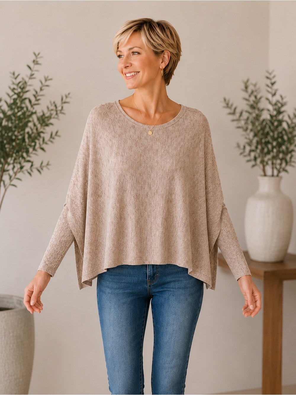 Knox Rose Taupe Scoop-Neck Dolman Poncho Sweater